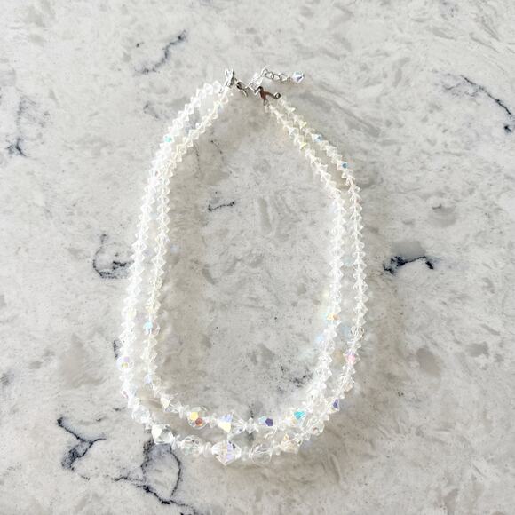 Vintage Crystal Bead Necklace Clear AB Double Strand Hook Clasp - Picture 3 of 7